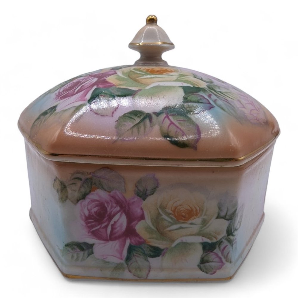 Vintage RS Prussia Hexagon Porcelain Trinket Jewelry Box, Hand Painted Roses, 6"